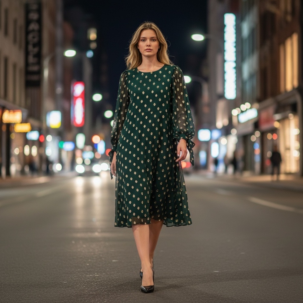 Dark Green Polka Dot Long Sleeve Dress